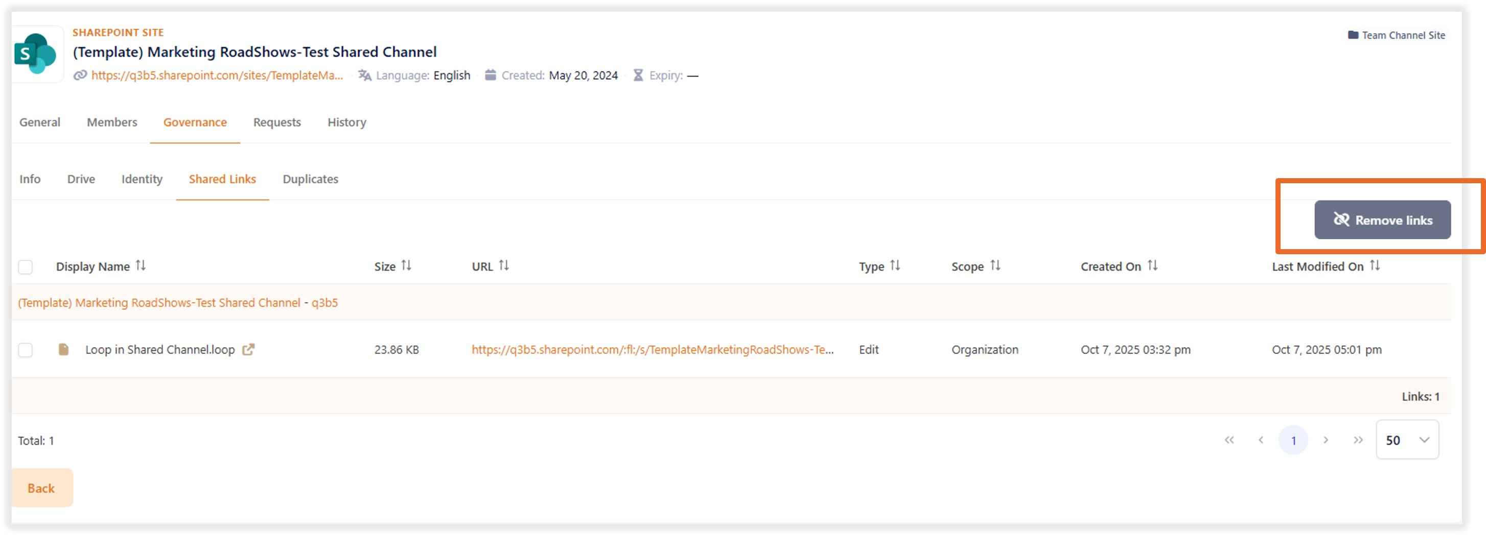 Screenshot der Übersicht freigegebener Links in SharePoint mit Option zum Massenlöschen