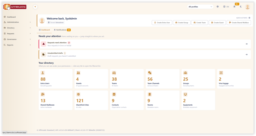 Screenshot des personalisierten Willkommensbildschirms mit Schnellzugriffen und rollenbasiertem Dashboard in Affirmatic